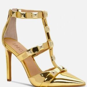 NIB INC Womens Gold Strappy Studded Goring Syndia Pointed Toe Stiletto heels